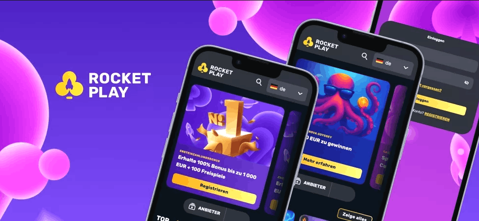 Rocket Play Casino Mobile App: Smartphone und Tablet Ansicht mit Spielauswahl