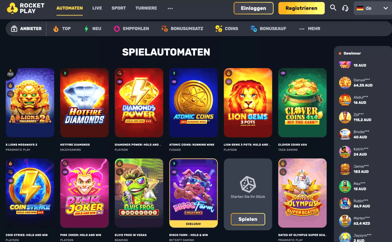 Rocket Play Casino Spielauswahl: Slots, Tischspiele und Live Casino im Überblick